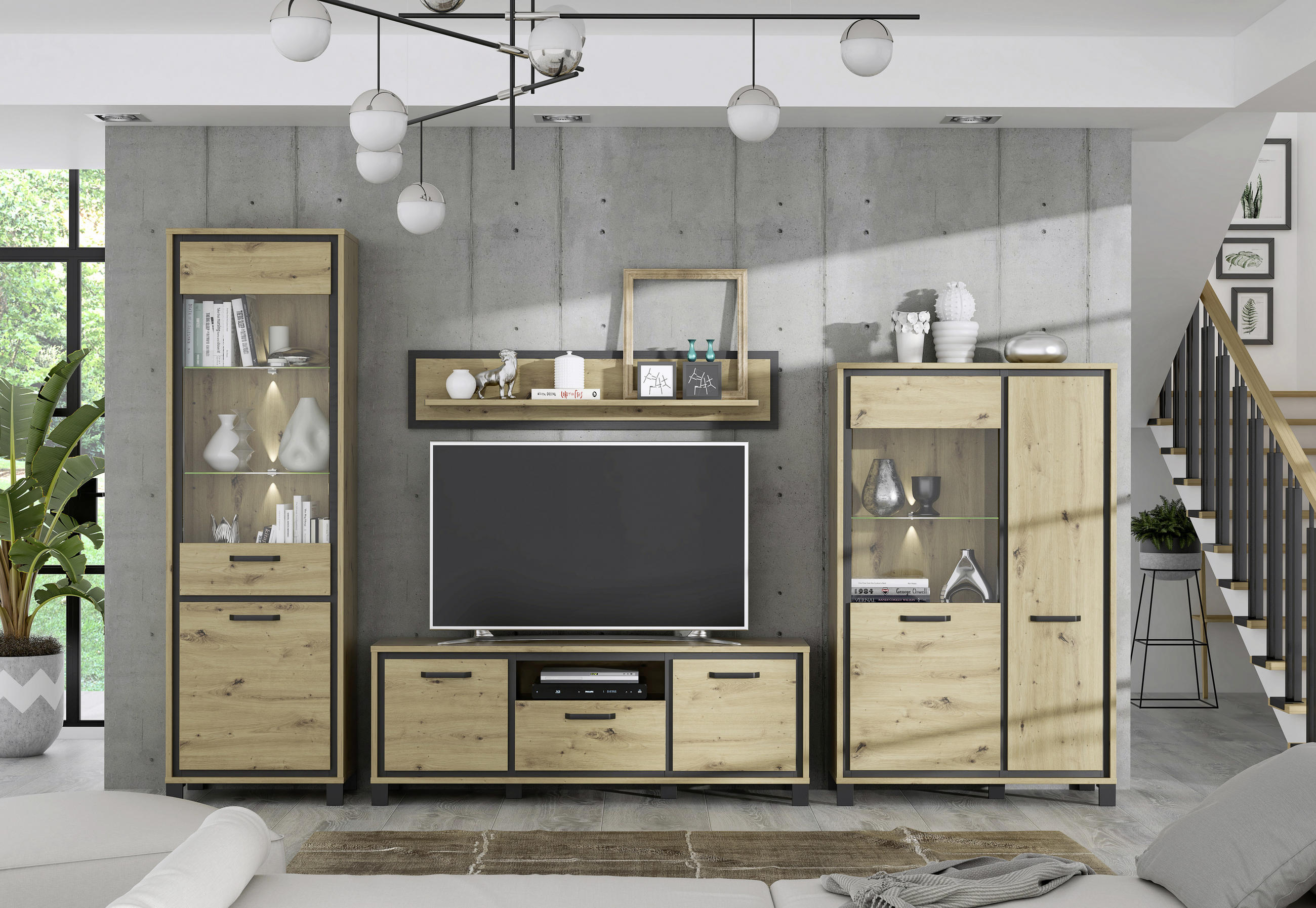 WOHNWAND  in Eichefarben  344,2/208/41,5 cm  - Eichefarben/Schwarz, Basics, Glas/Holzwerkstoff (344,2/208/41,5cm) - Livetastic