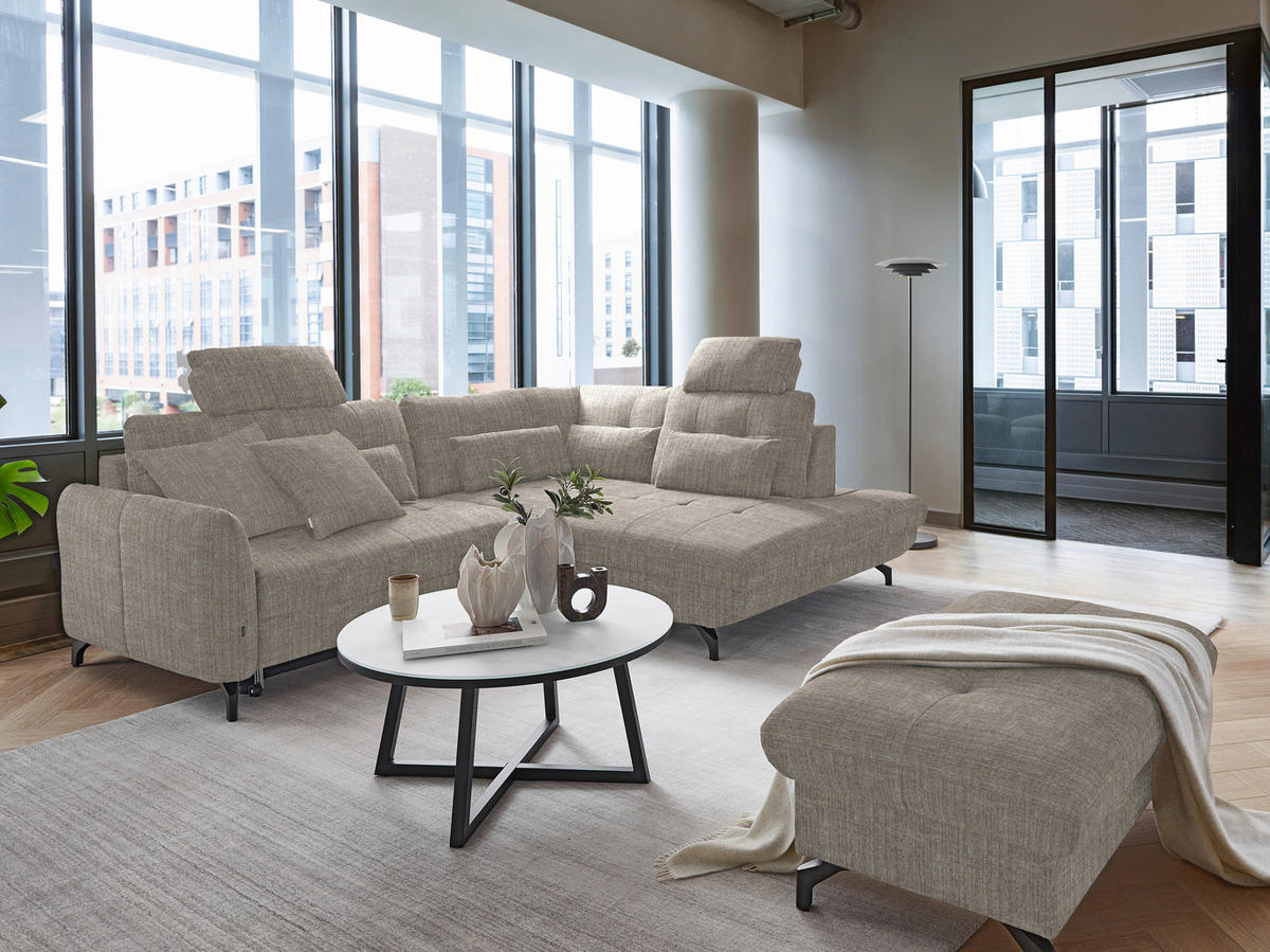 ECKSOFA in Flachgewebe, Leinenoptik Hellbraun  - Hellbraun/Schwarz, Modern, Textil/Metall (247/208cm) - Xora