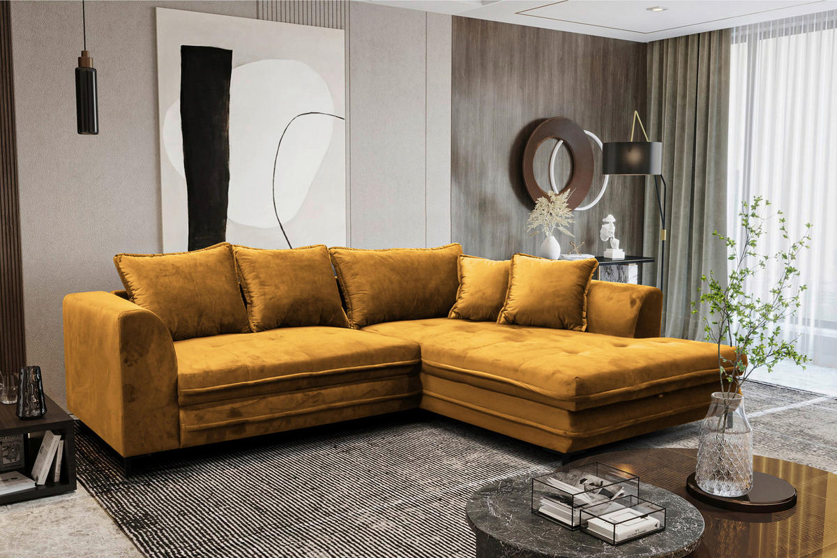 ECKSOFA Gelb Velours  - Gelb/Schwarz, Design, Textil/Metall (277/187cm) - Livetastic