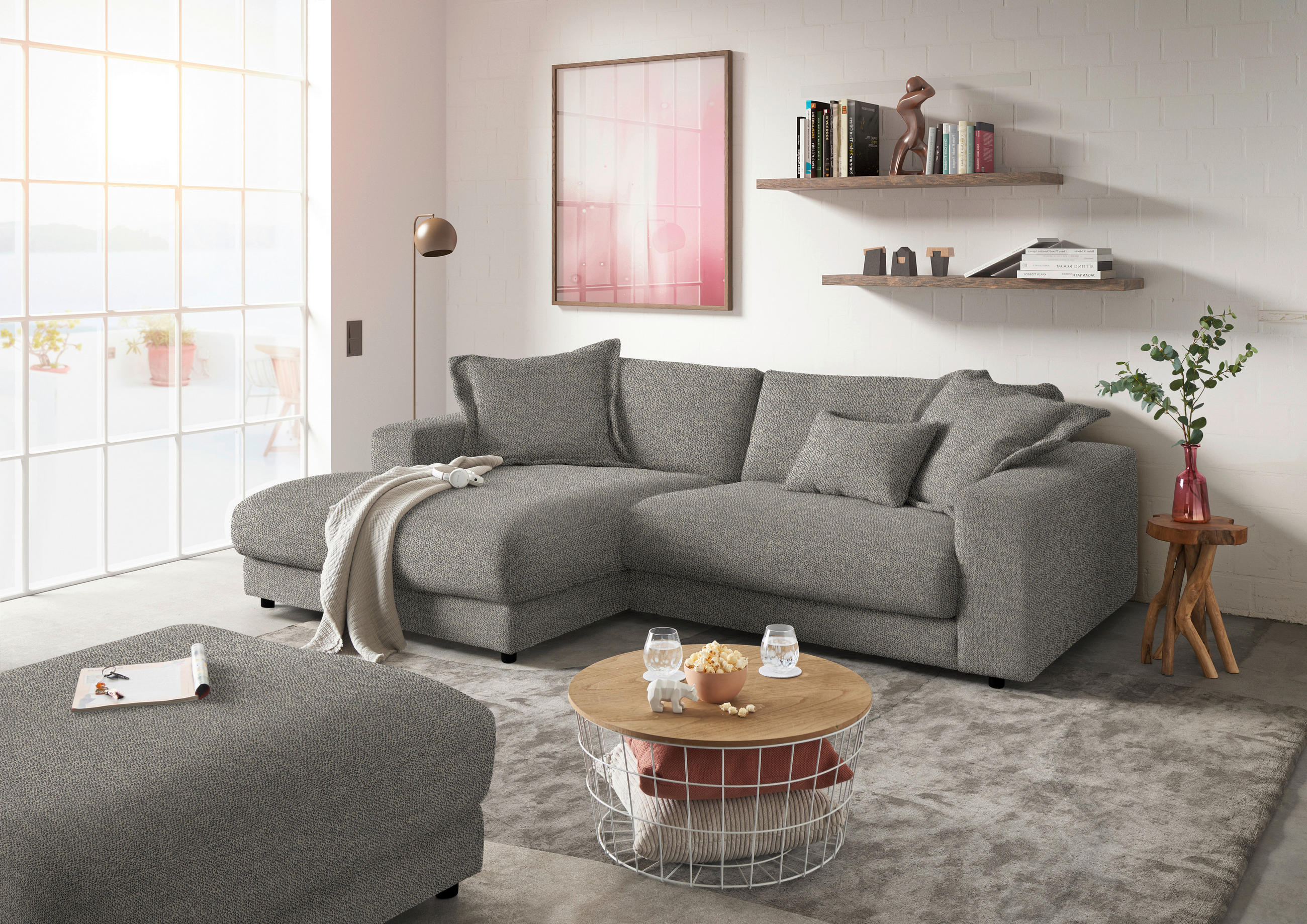 ECKSOFA in Flachgewebe Graubraun  190/270 cm  - Graubraun/Schwarz, Design, Kunststoff/Textil (190/270cm) - Lomoco