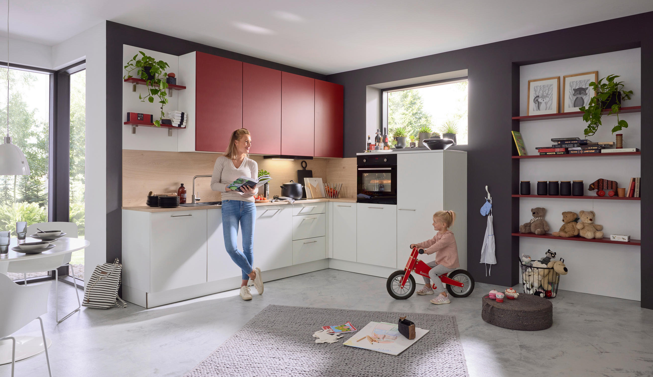 EINBAUKÜCHE   - Eichefarben/Rot, Design, Holzwerkstoff - Dieter Knoll