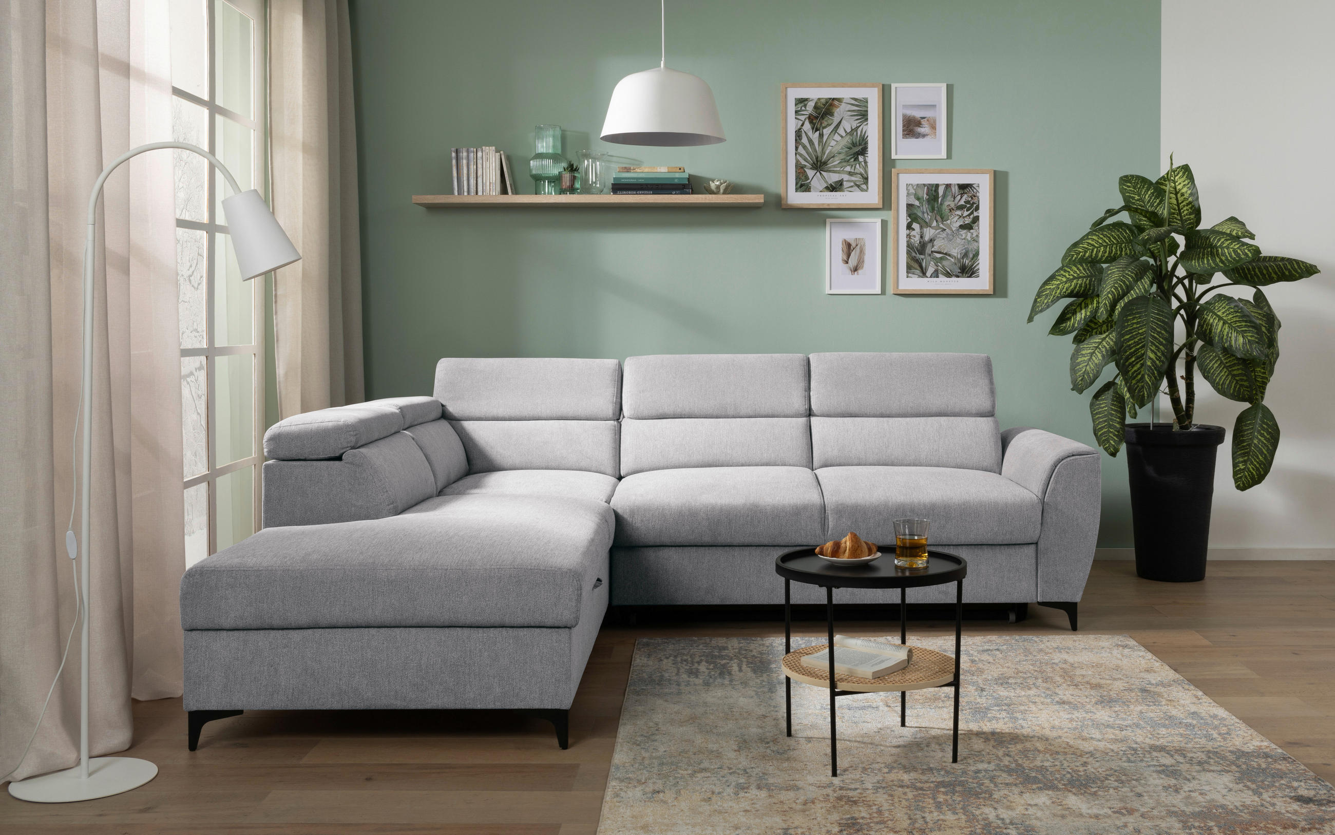 ECKSOFA in Velours Hellgrau  - Hellgrau/Schwarz, Konventionell, Textil/Metall (217/255cm) - MID.YOU