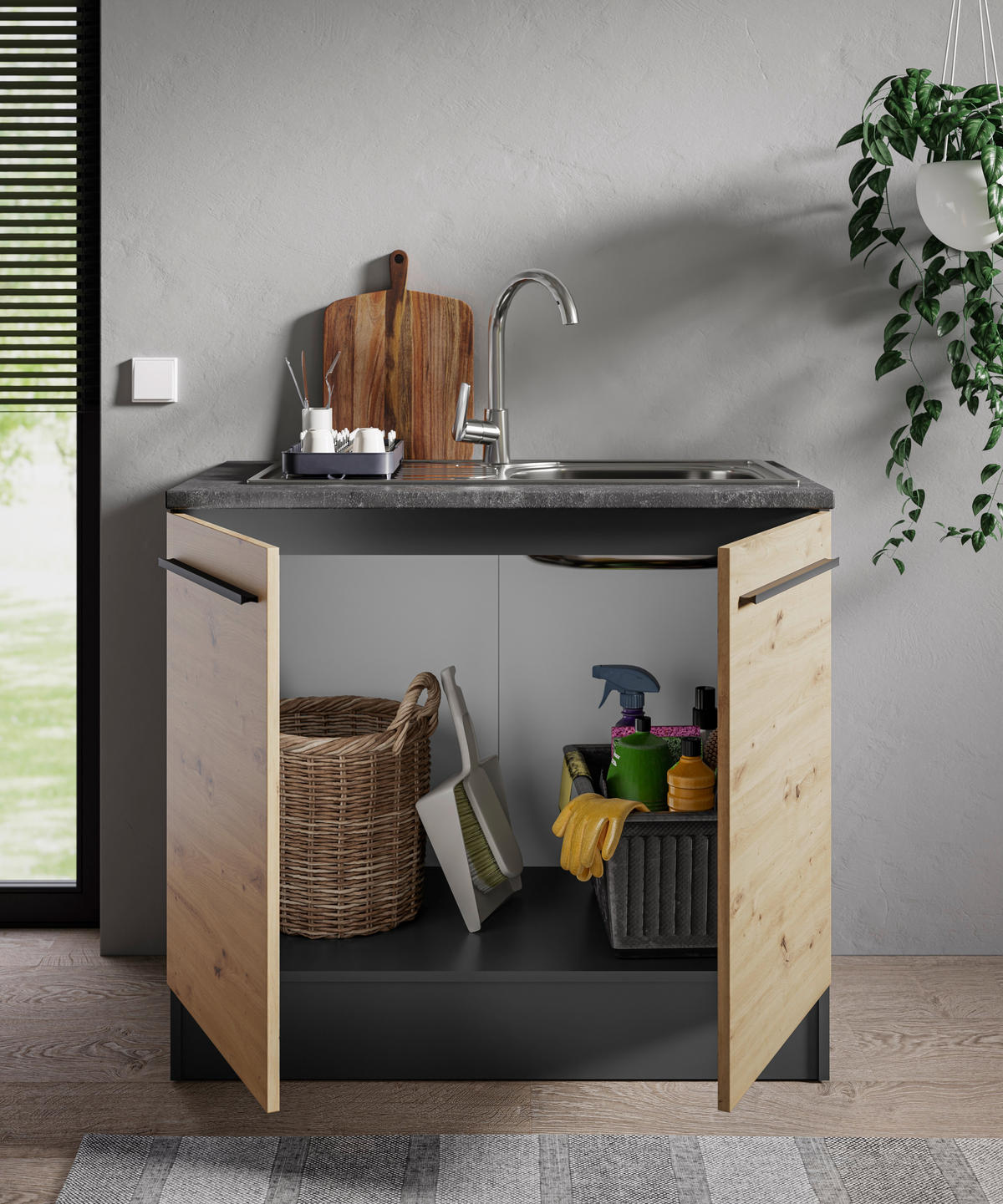 SPÜLENUNTERSCHRANK 100/90/60 cm  in Anthrazit, Eiche Artisan  - Anthrazit/Schwarz, Design, Holzwerkstoff/Kunststoff (100/90/60cm) - P & B