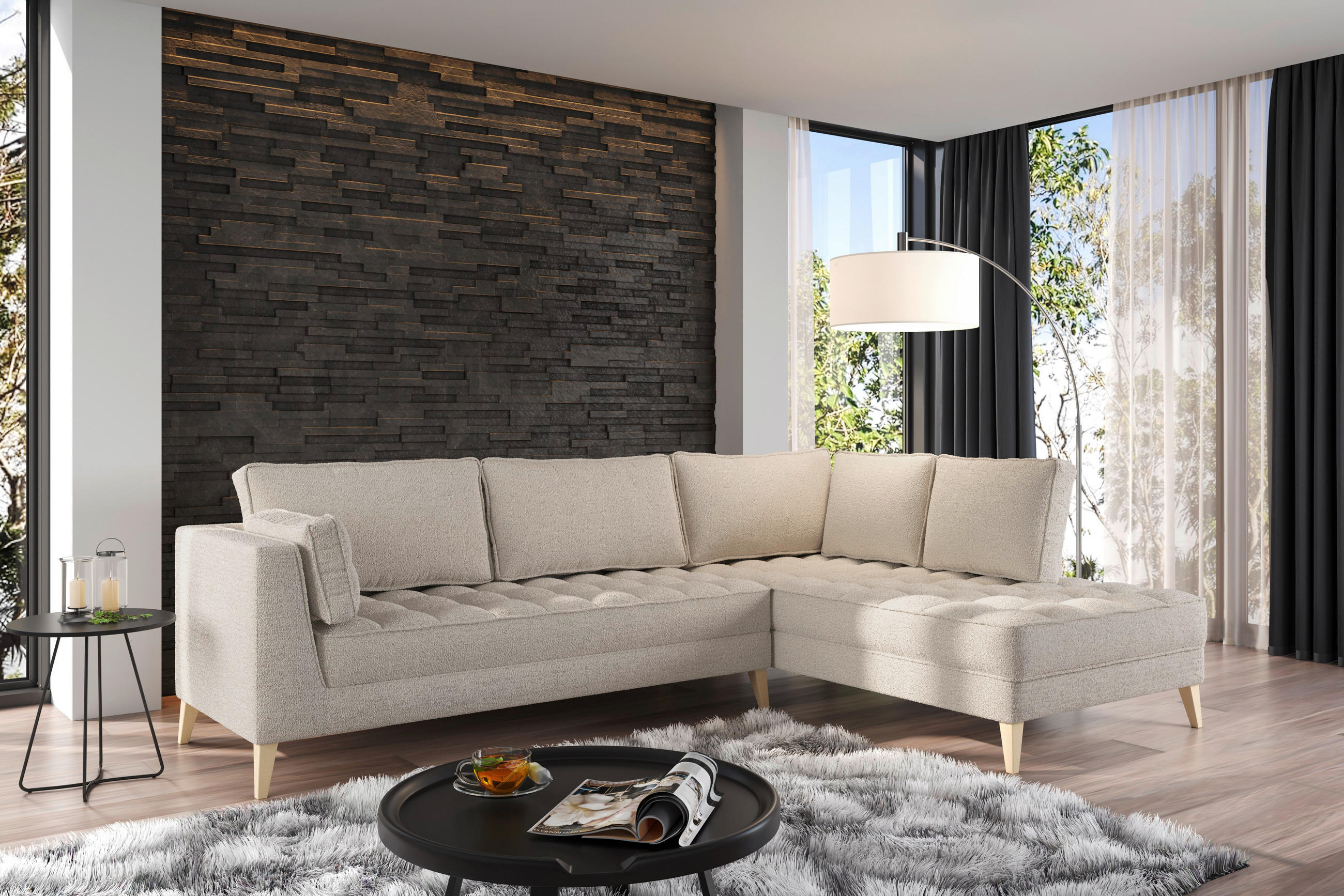 HÖRNSOFFA i bouclé vit  - vit/naturfärgad, Design, trämaterial/textil (310/204cm) - MID.YOU