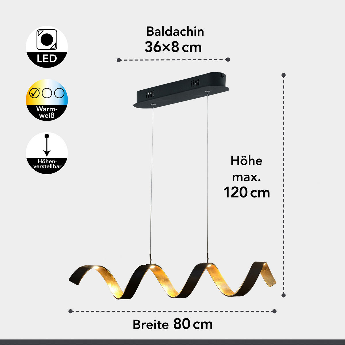 LED-HÄNGELEUCHTE 80/13,5/120 cm  - Goldfarben/Schwarz, Design, Metall (80/13,5/120cm)