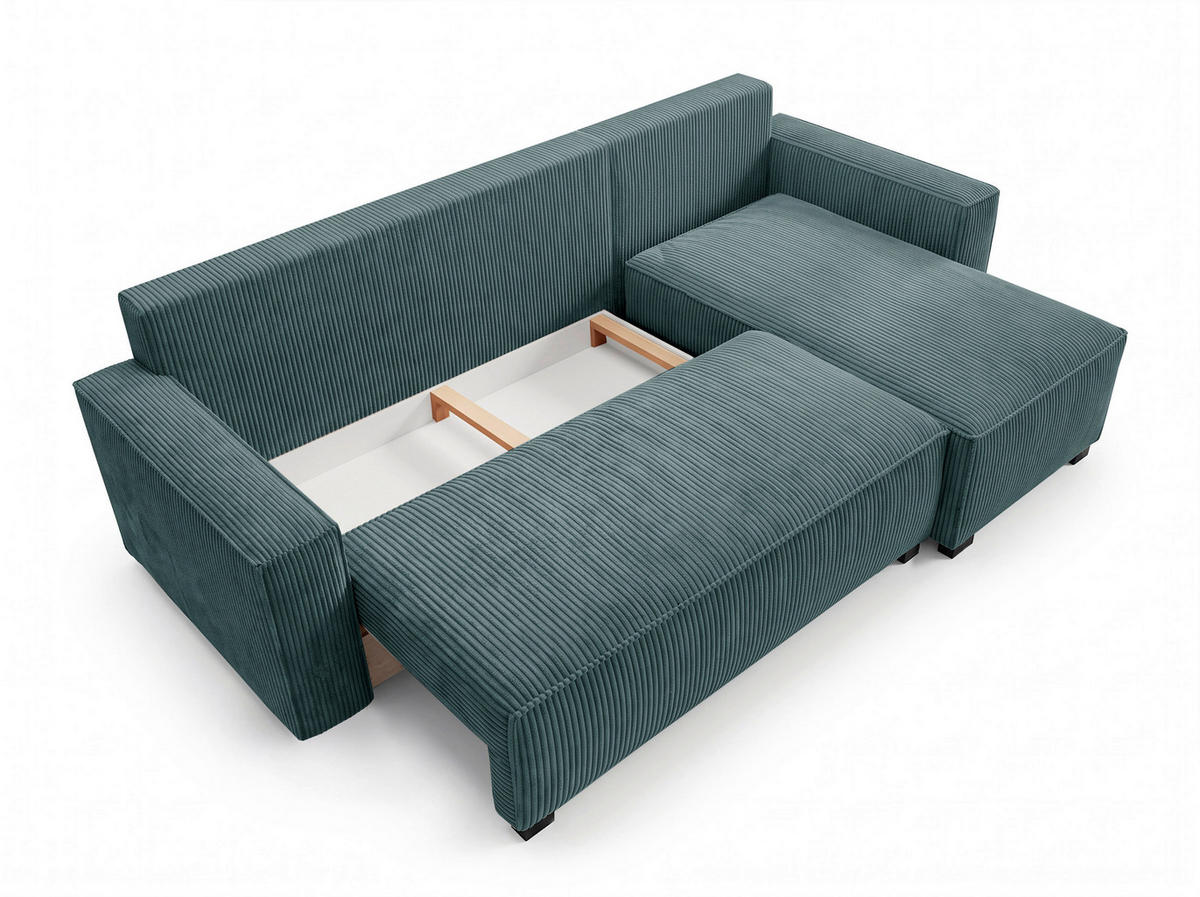 ECKSOFA Petrol Cord Rückenkissen, Bettkasten, Schlaffunktion, Rücken echt, Liegefläche im Originalstoff  - Petrol/Schwarz, MODERN, Kunststoff/Textil (232/140cm) - Xora
