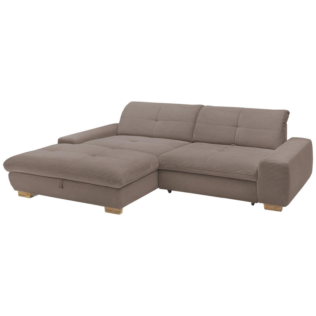 Thumbnail - SetOne by Musterring Ecksofa, Greige, Textil, Eiche, massiv, 2-Sitzer, L-Form, Ottomane links, 276x198 cm, Bettkasten er...
