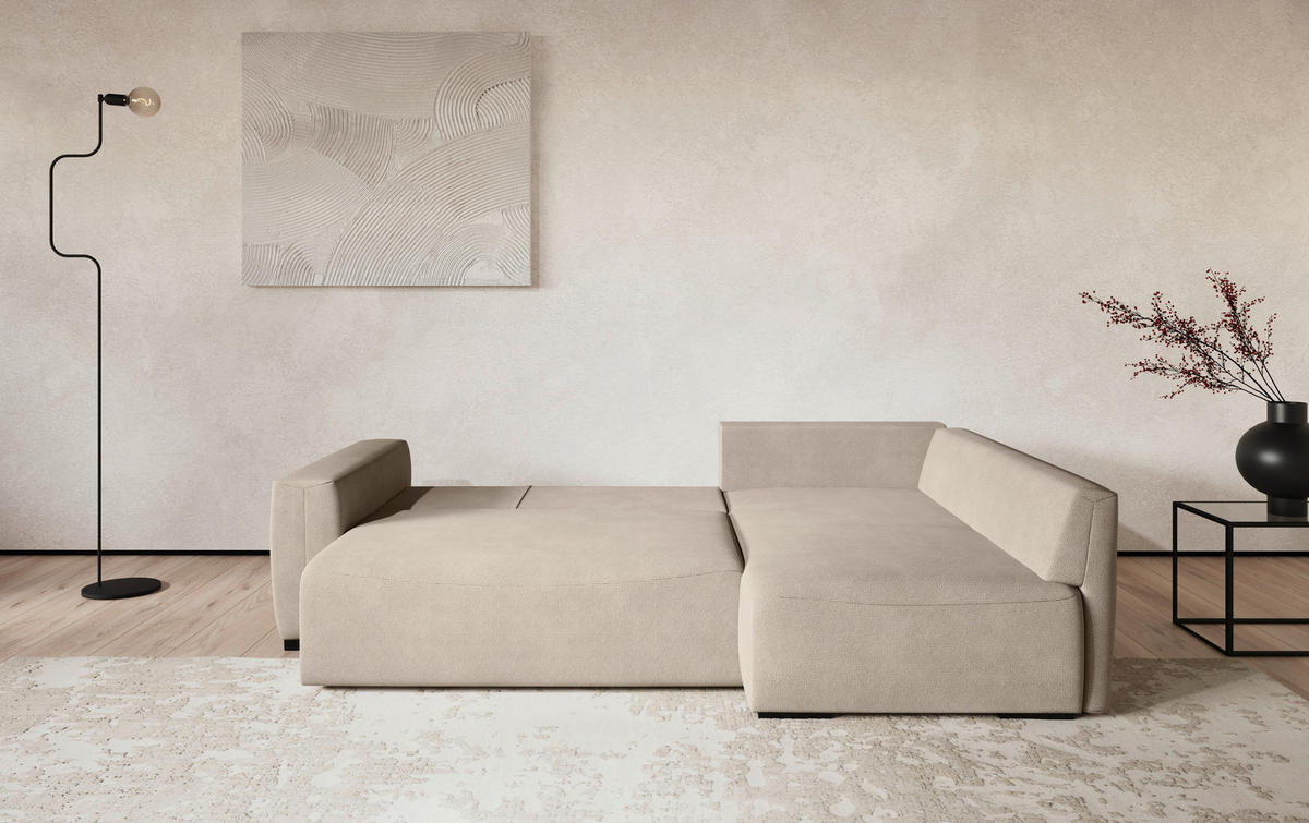 ECKSOFA GIRO Naturfarben Chenille Rückenkissen, Bettkasten  - Schwarz/Naturfarben, Trend, Kunststoff/Textil (252/170cm) - MID.YOU