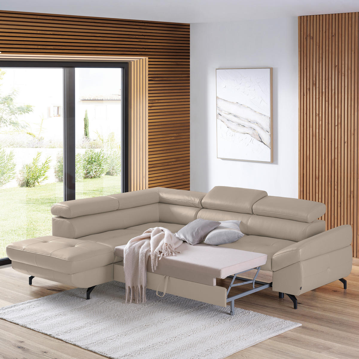 ECKSOFA in Echtleder Creme  - Creme/Schwarz, Design, Leder/Metall (220/270cm) - Novel