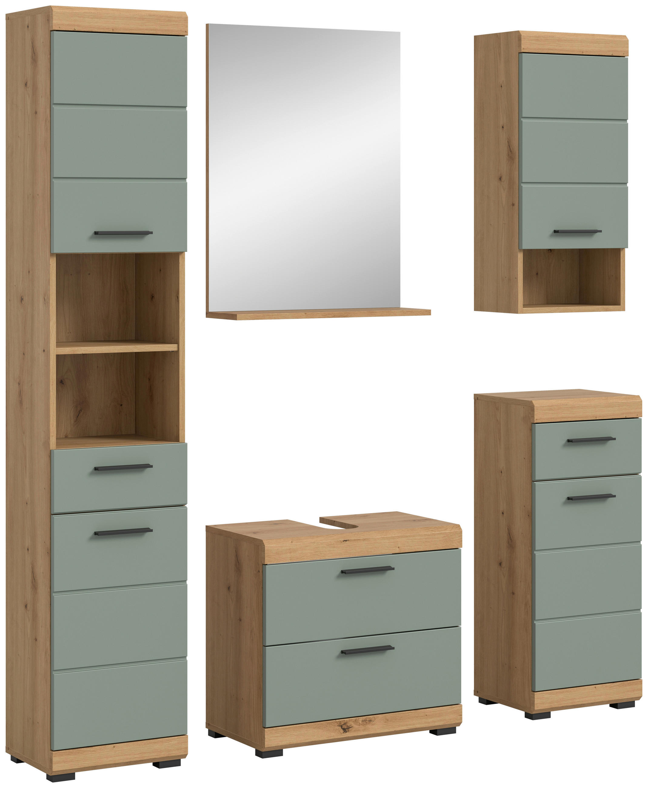 BADEZIMMER 5-teilig  in 154 cm  - Salbeigrün/Schwarz, MODERN, Glas/Holzwerkstoff (154cm) - MID.YOU