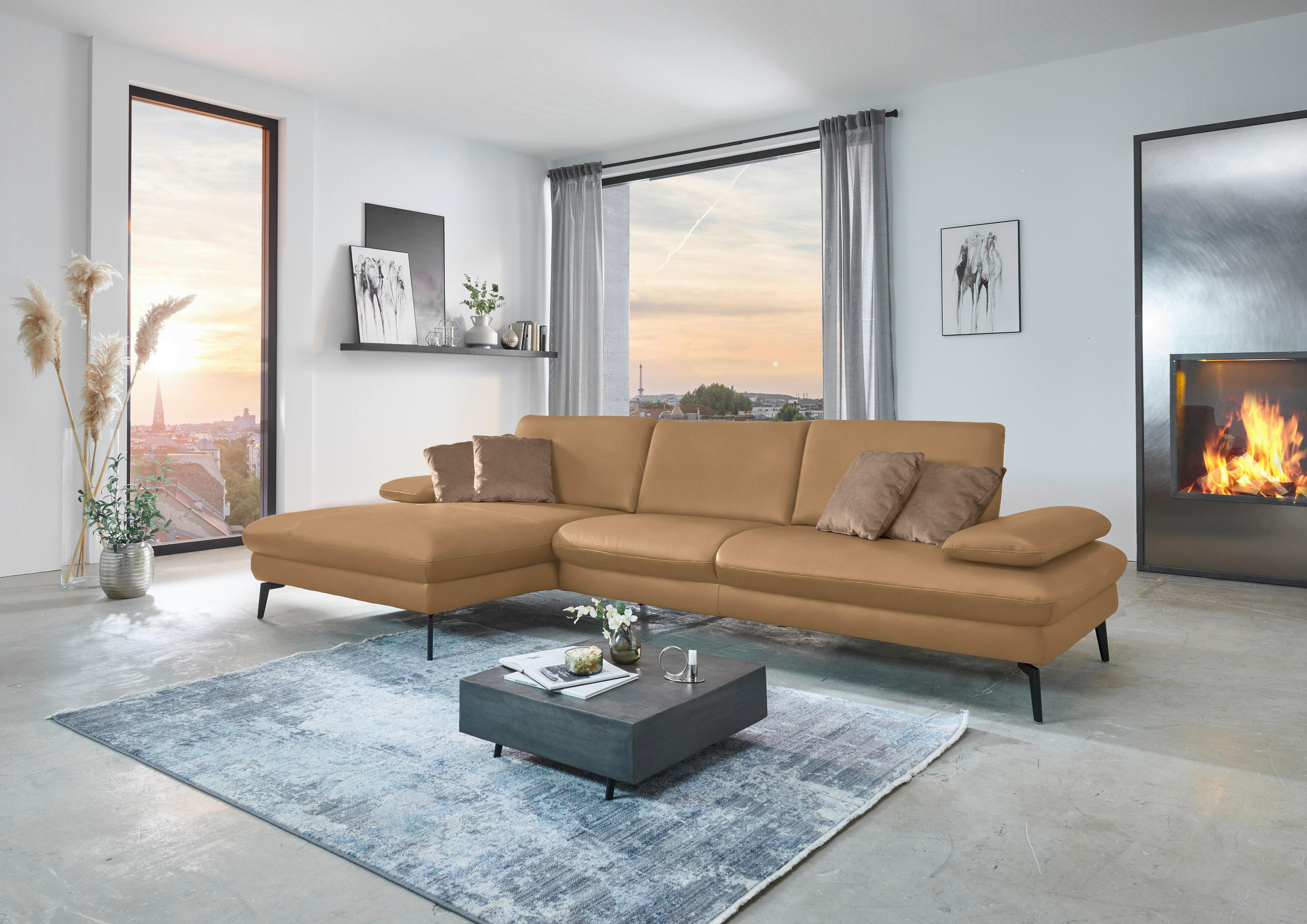 ECKSOFA in Echtleder Honig  - Schwarz/Honig, Design, Leder/Metall (157/325cm) - Dieter Knoll