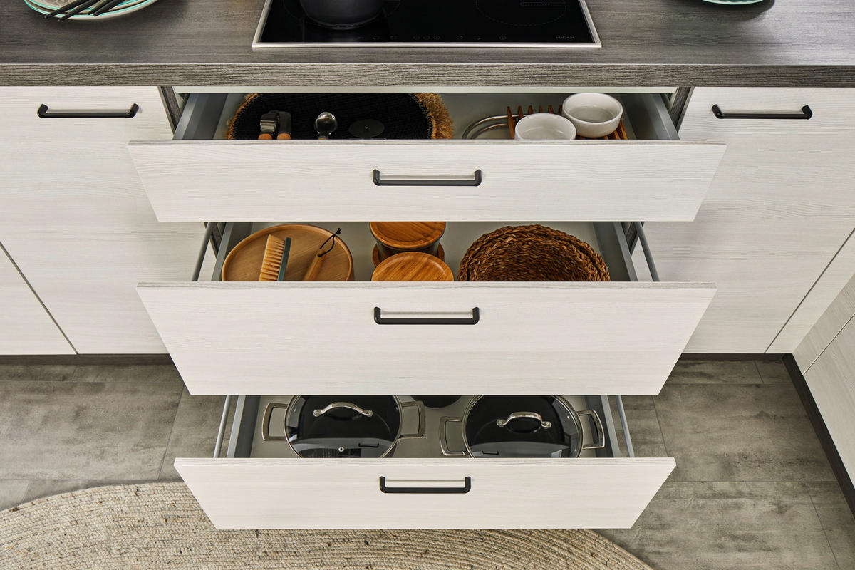 ECKKÜCHE 305/215 cm  in Grau, Weiß, Eichefarben  - Eichefarben/Schwarz, KONVENTIONELL, Holzwerkstoff/Metall (305/215cm) - Welnova