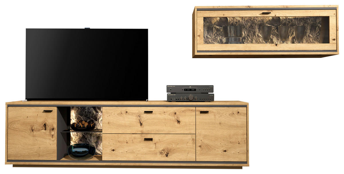 WOHNWAND  in Graphitfarben, Eiche Artisan  303/190/49 cm  - Schwarz/Graphitfarben, Design, Glas/Holzwerkstoff (303/190/49cm) - Cantus