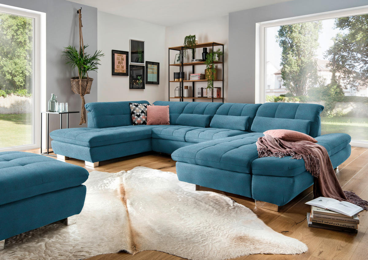 WOHNLANDSCHAFT in Mikrofaser Blau  - Chromfarben/Blau, Design, Kunststoff/Textil (211/350/204cm) - Xora