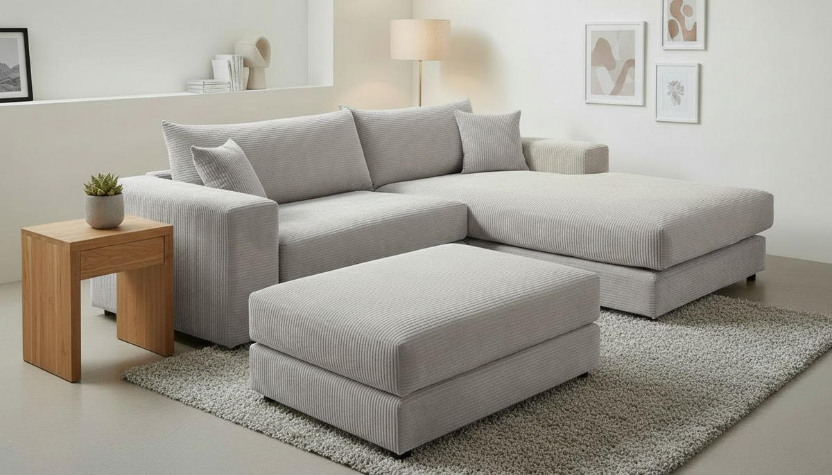 ECKSOFA FUNNY S Grau Cord, Velours Zierkissen, Rückenkissen, Hocker  - Schwarz/Grau, Basics, Kunststoff/Textil (265/180cm) - Livetastic