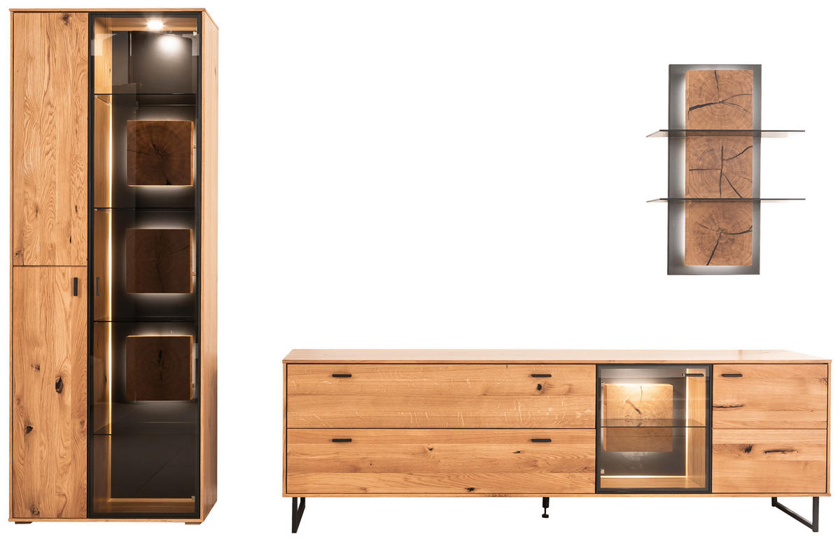 WOHNWAND  in Wildeiche 306/206/50 cm  - Wildeiche/Schwarz, Design, Glas/Holz (306/206/50cm) - MID.YOU