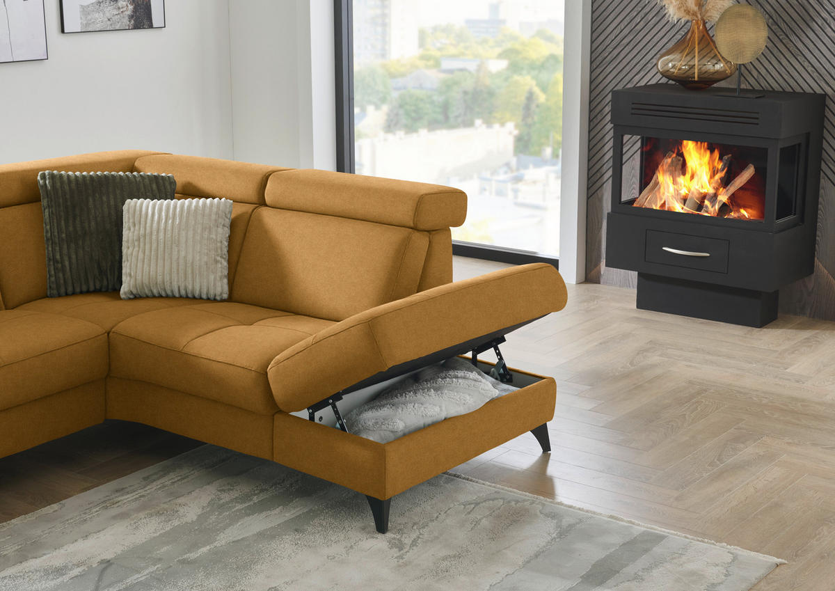 ECKSOFA Flachgewebe Currygelb  - Currygelb/Schwarz, Konventionell, Textil/Metall (276/214cm) - Beldomo System
