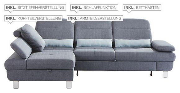 Wohnlandschaft inkl.Funktionen Grau, Hellblau Webstoff - Alufarben/Grau, KONVENTIONELL, Textil/Metall (216/286cm) - Cantus