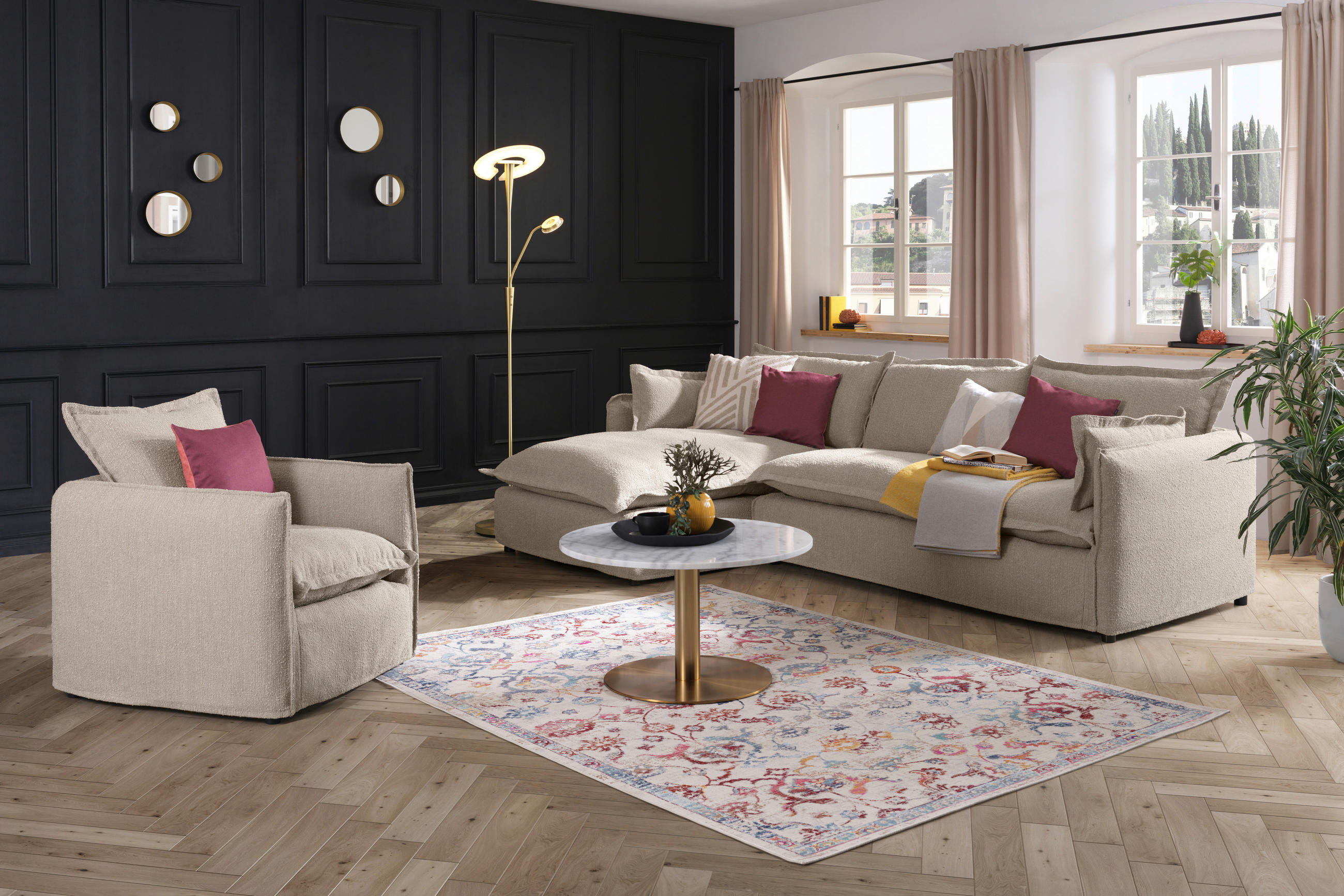 HUSSEN-ECKSOFA in Flachgewebe, Bouclé Beige - Beige/Schwarz, Trend, Textil/Metall (165/295cm) - Livetastic