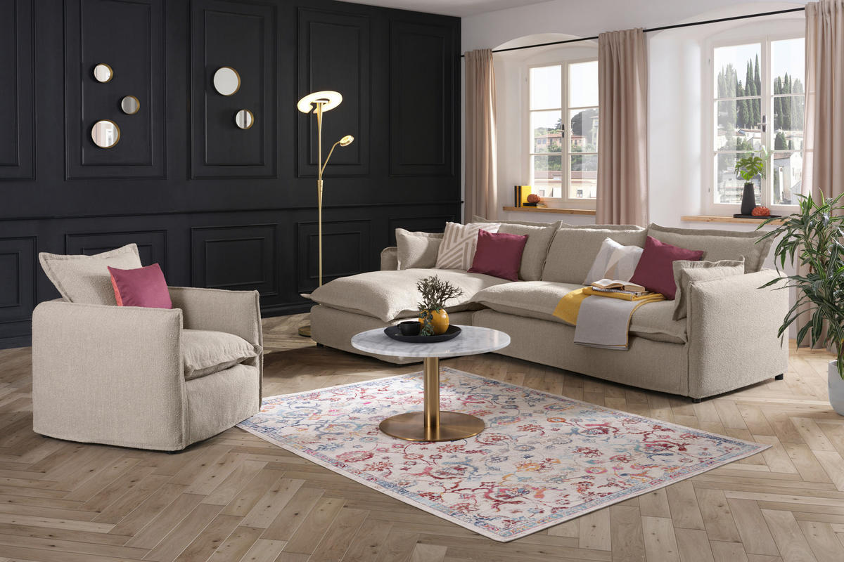 HUSSEN-ECKSOFA in Flachgewebe, Bouclé Beige  - Beige/Schwarz, Trend, Textil/Metall (165/295cm) - Livetastic