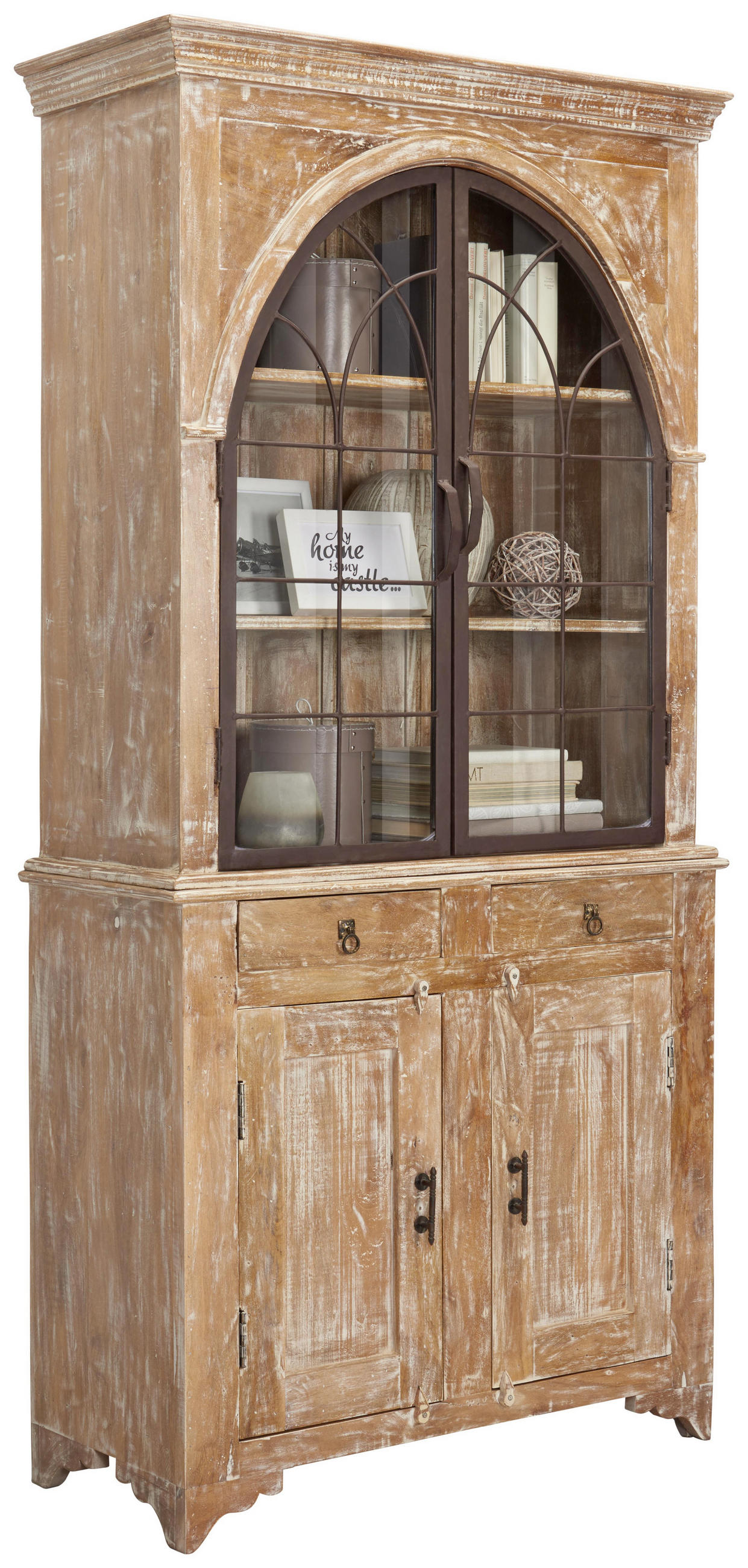 Vitrine in massiv Mangoholz Naturfarben, Weiß