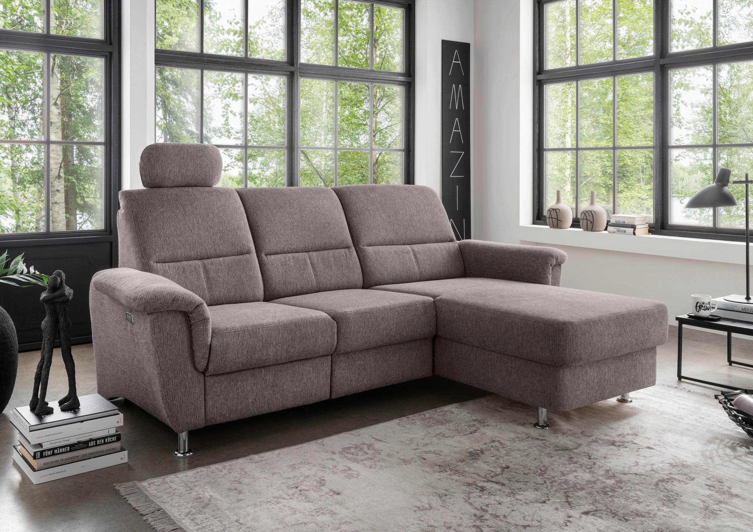 ECKSOFA in Chenille Graubraun  - Chromfarben/Graubraun, Modern, Textil/Metall (231/165cm) - Livetastic