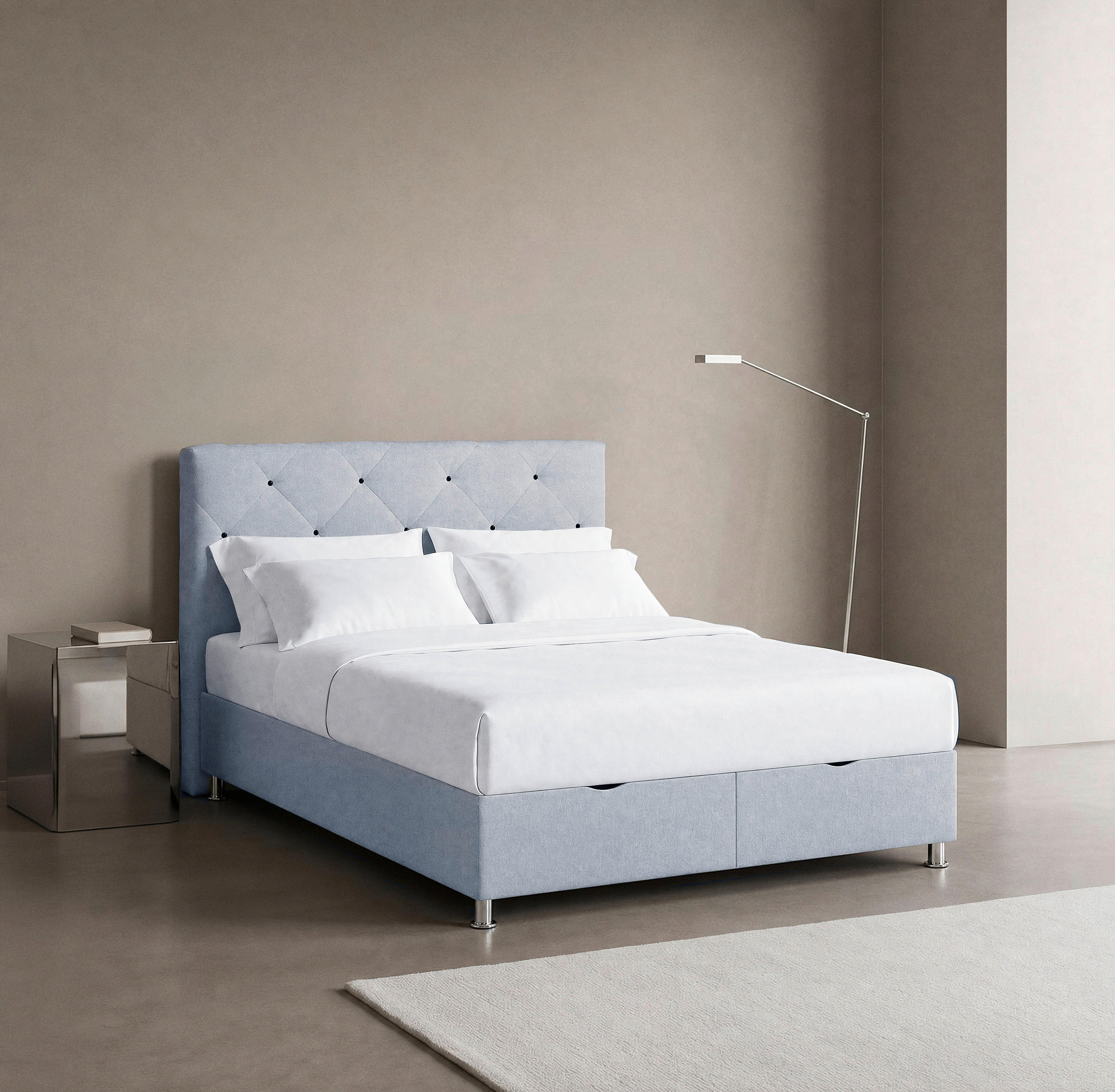 BOXBETT 160/200 cm,  in Hellgrau, Matratze, gepolstertes Kopfteil, Bettkasten, H3 = fest  - Chromfarben/Hellgrau, Design, Kunststoff/Textil (160/200cm) - Boxxx