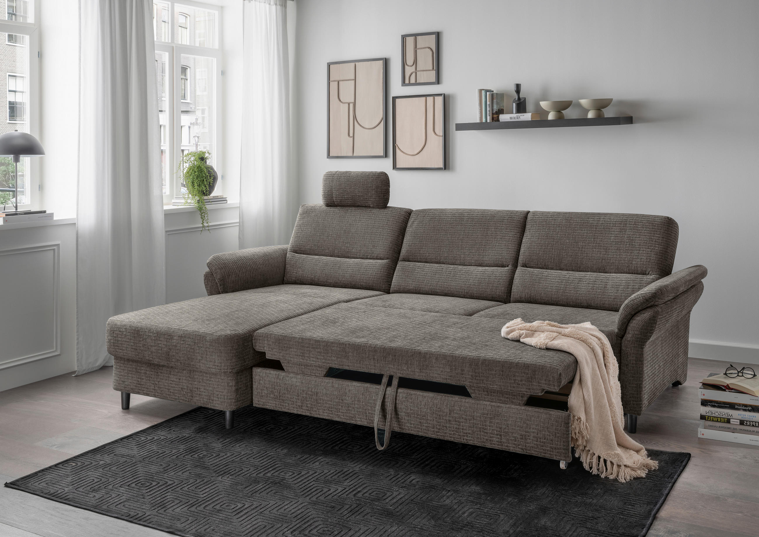 ECKSOFA Graubraun Mikrofaser  - Graubraun/Schwarz, MODERN, Holz/Textil (176/279cm) - Livetastic