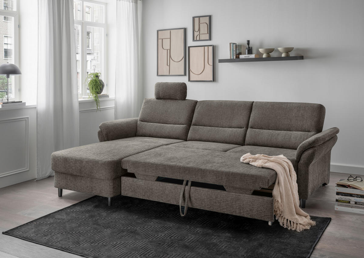 ECKSOFA in Mikrofaser Graubraun  - Graubraun/Schwarz, Modern, Holz/Textil (176/279cm) - Livetastic
