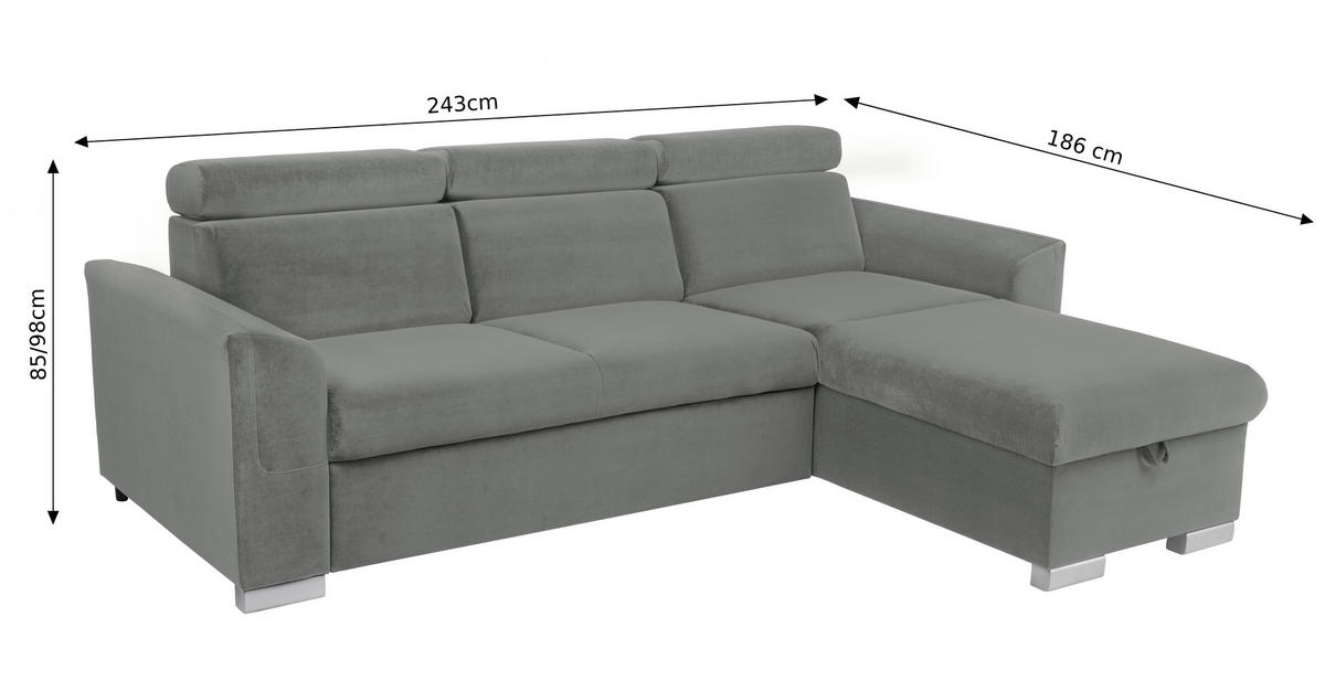 ECKSOFA Velours Grau  - Alufarben/Grau, Design, Holz/Textil (243/186cm) - MID.YOU