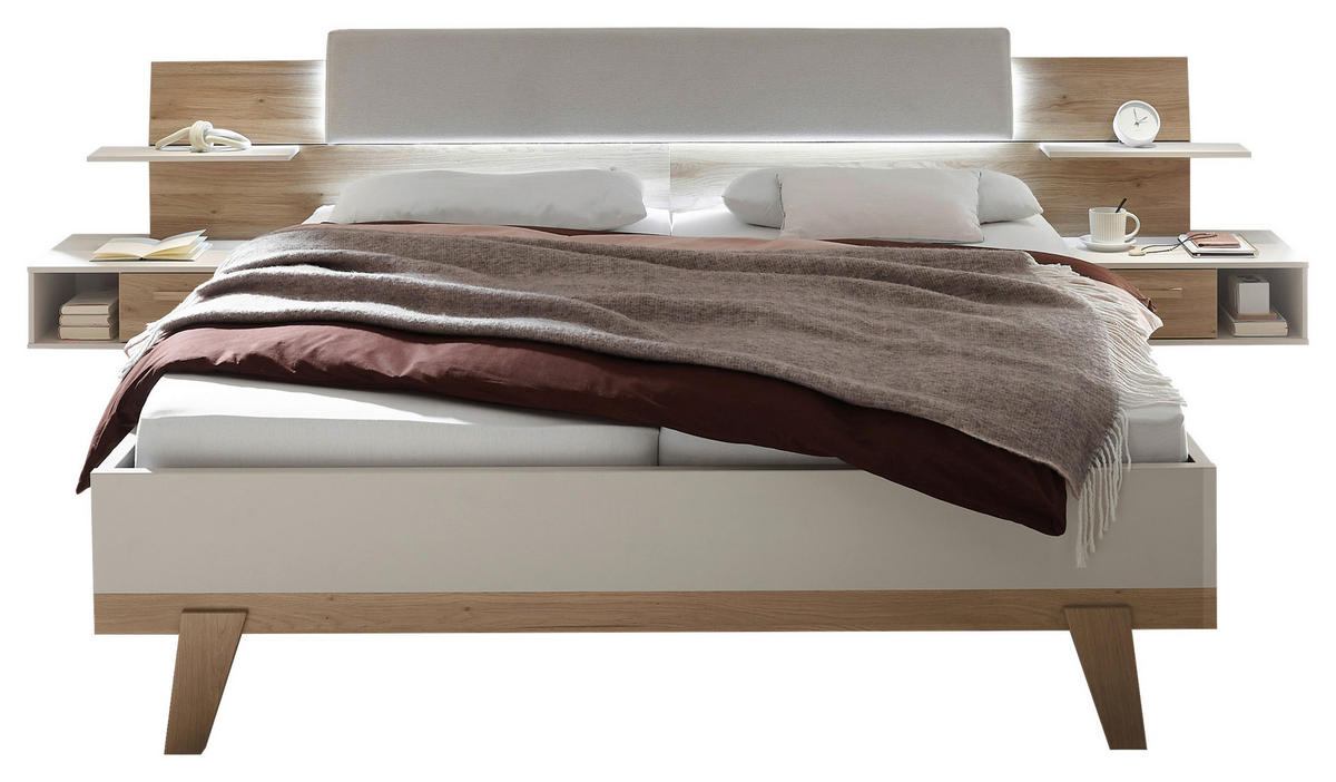 POSTEĽ S NOČNÝMI STOLÍKMI, 180/200 cm, farba duba, kašmírová - kašmírová/farba duba, Design, kompozitné drevo/textil (180/200cm) - Xora