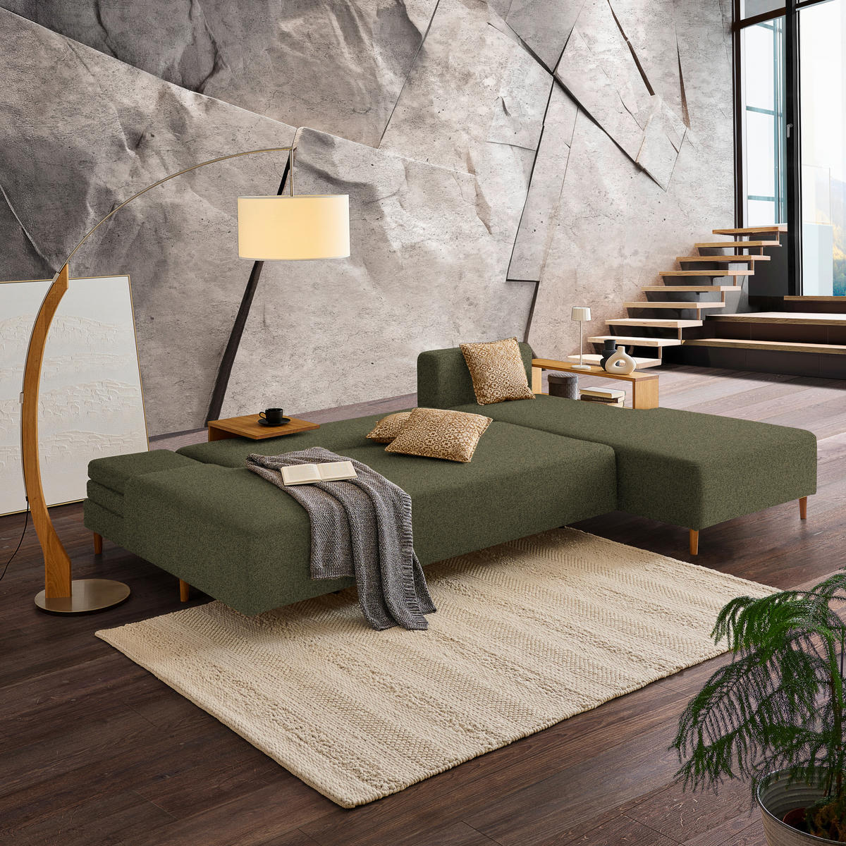 ECKSOFA in Flachgewebe Olivgrün  - Eichefarben/Olivgrün, Design, Holz/Textil (307/190cm) - Joka