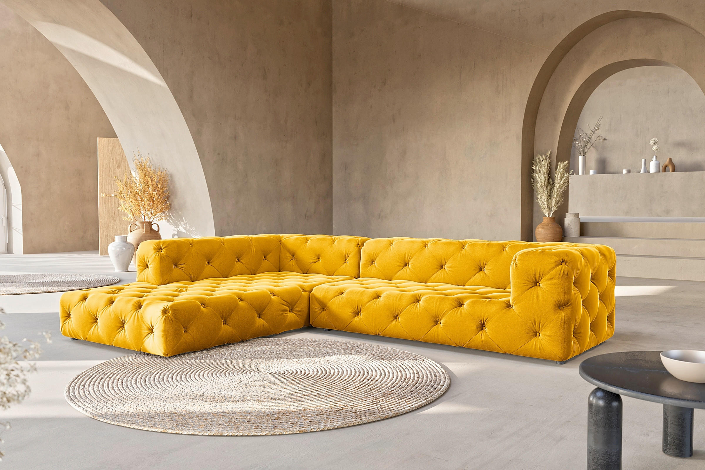 ECKSOFA Fresco Senfgelb Samt  - Senfgelb/Schwarz, Design, Kunststoff/Textil (228/325cm) - P & B