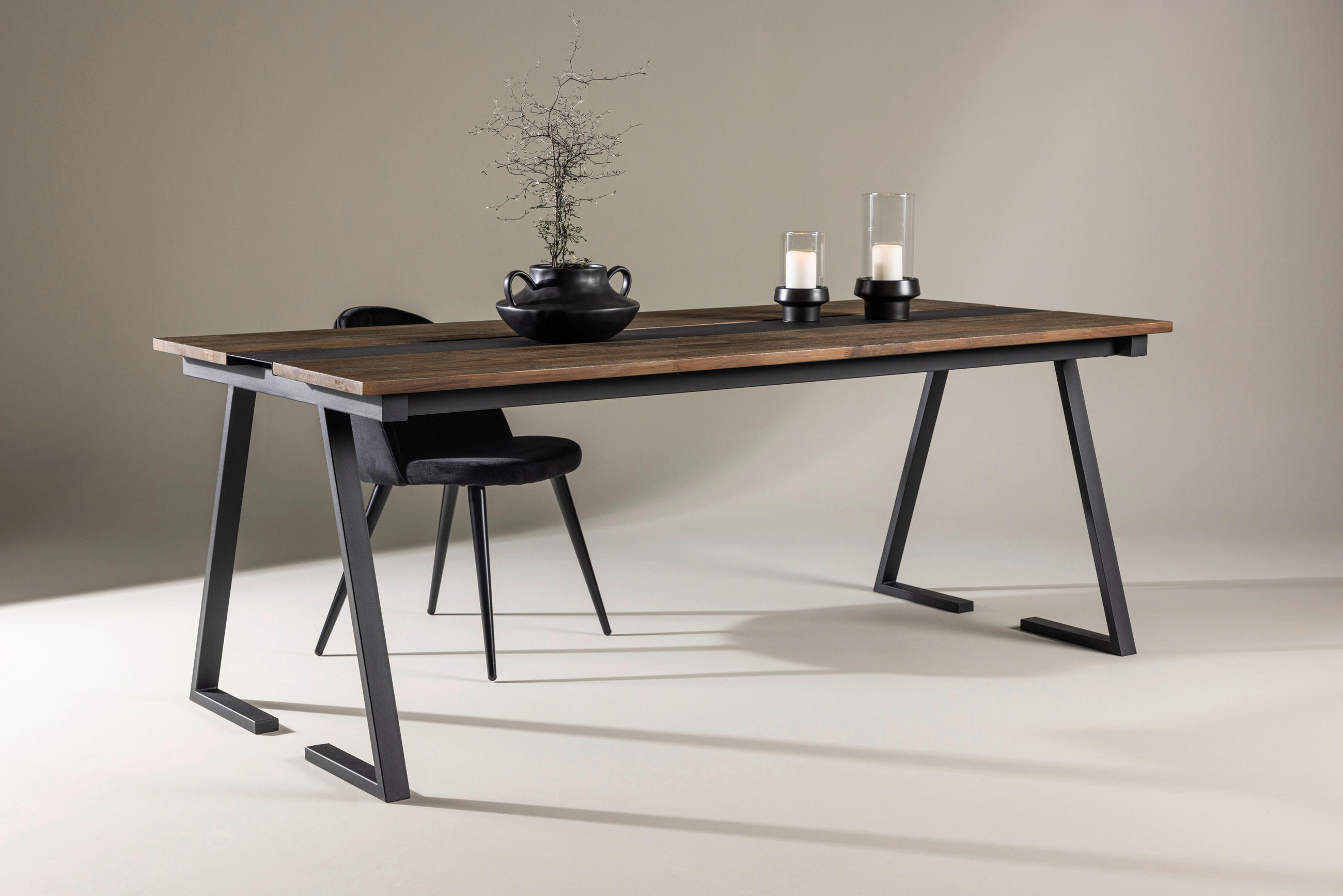ESSTISCH Teakholz massiv Schwarz, Teakfarben  - Schwarz/Teakfarben, Design, Holz/Metall (200/90/75cm) - Livetastic