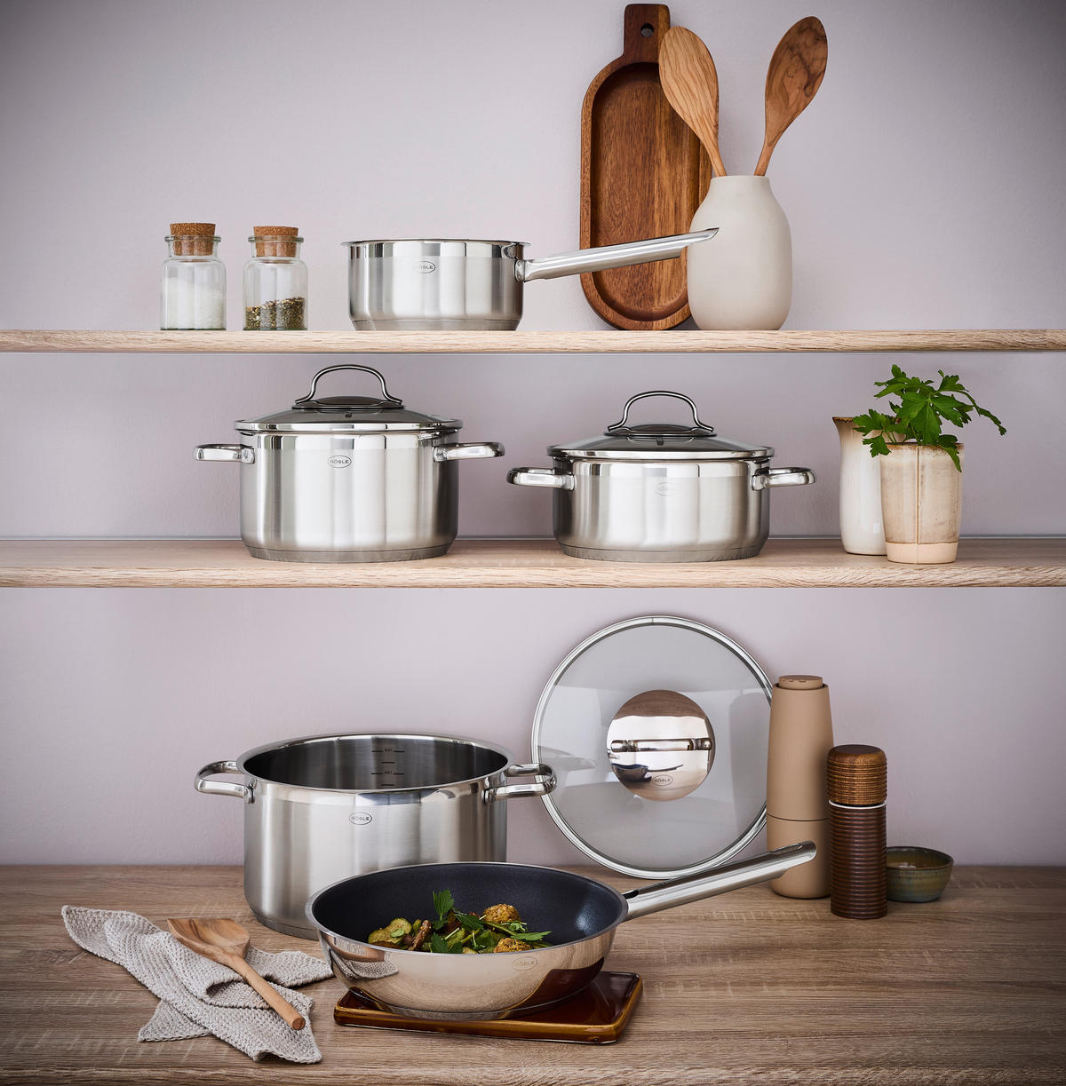 KOCHTOPFSET ELEGANCE 5-teilig  - Edelstahlfarben, Design, Glas/Metall (57/33,5/23cm) - Rösle