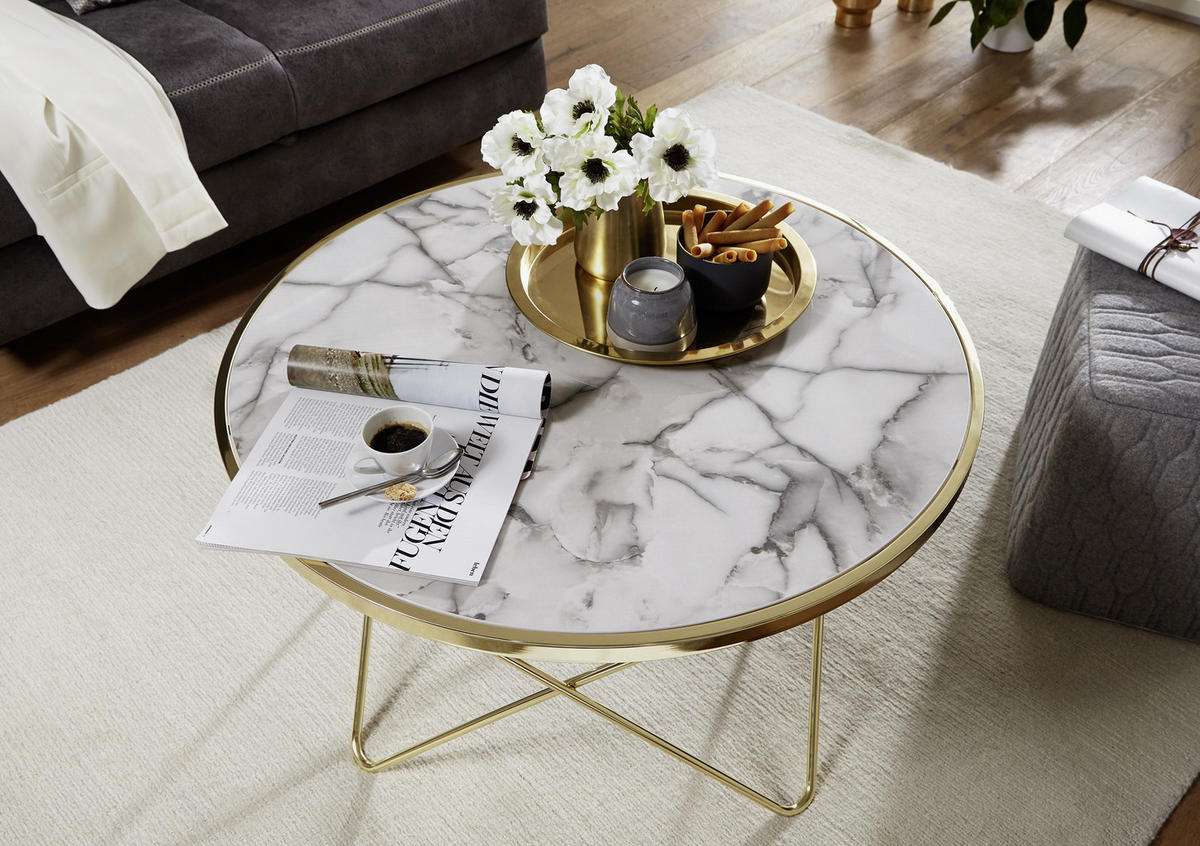 KLUBSKA MIZA, bela, zlate barve  - zlate barve/bela, Design, kovina/leseni material (85/85cm) - MID.YOU