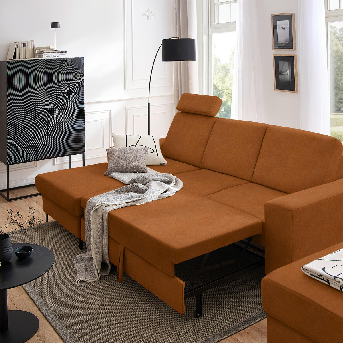 ECKSOFA in Velours Cognac  - Cognac/Schwarz, Konventionell, Textil/Metall (167/247cm) - Stylife