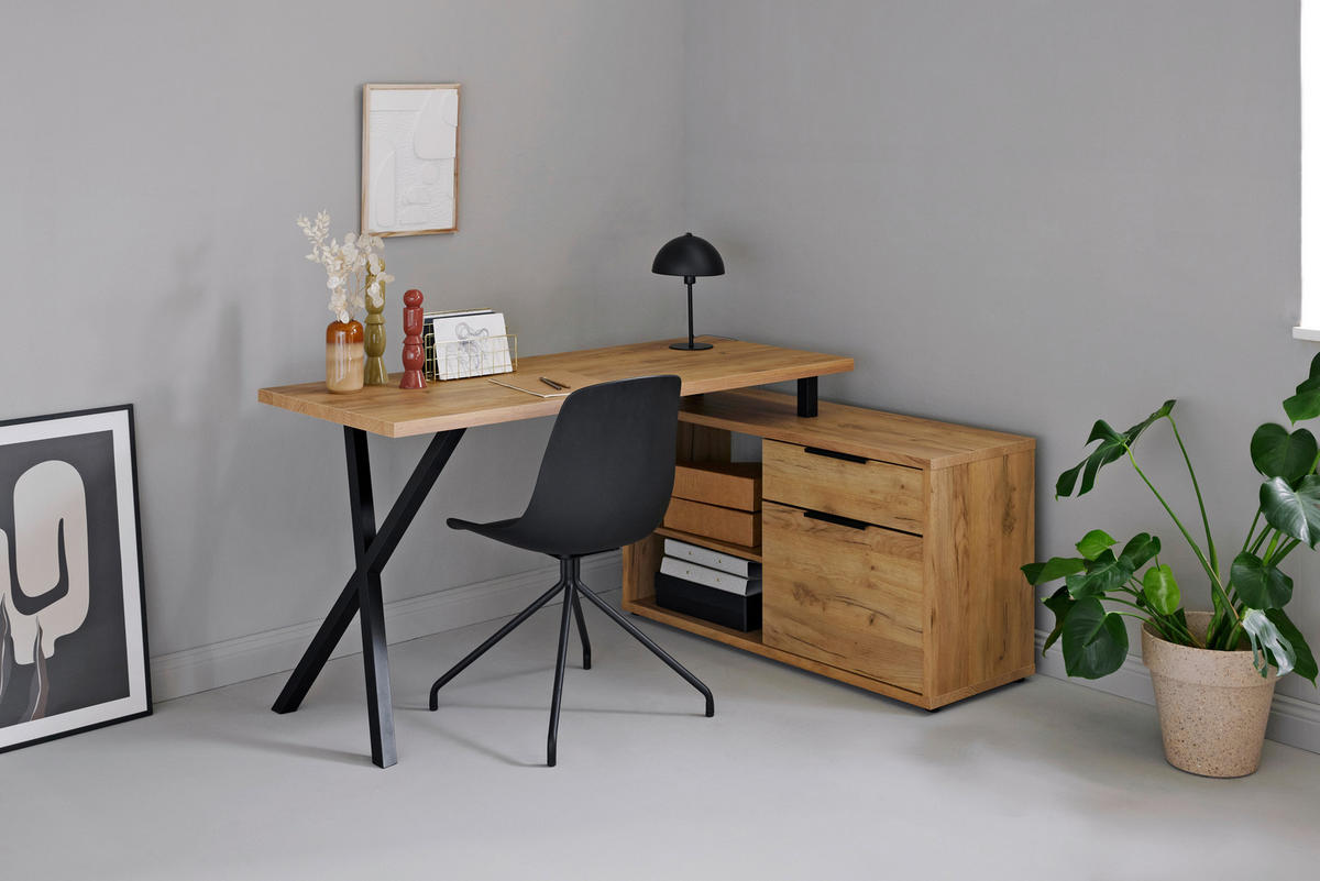 ECKSCHREIBTISCH 150/110/74 cm  in Schwarz, Eichefarben  - Eichefarben/Schwarz, MODERN, Holzwerkstoff/Metall (150/110/74cm) - MID.YOU