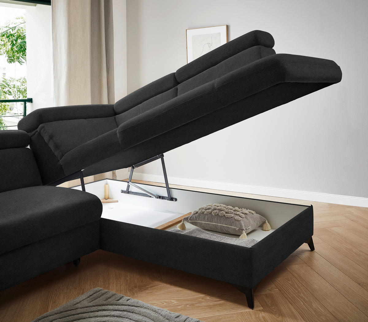 ECKSOFA in Webstoff Anthrazit  - Anthrazit/Schwarz, Design, Textil/Metall (260/203cm) - Stylife