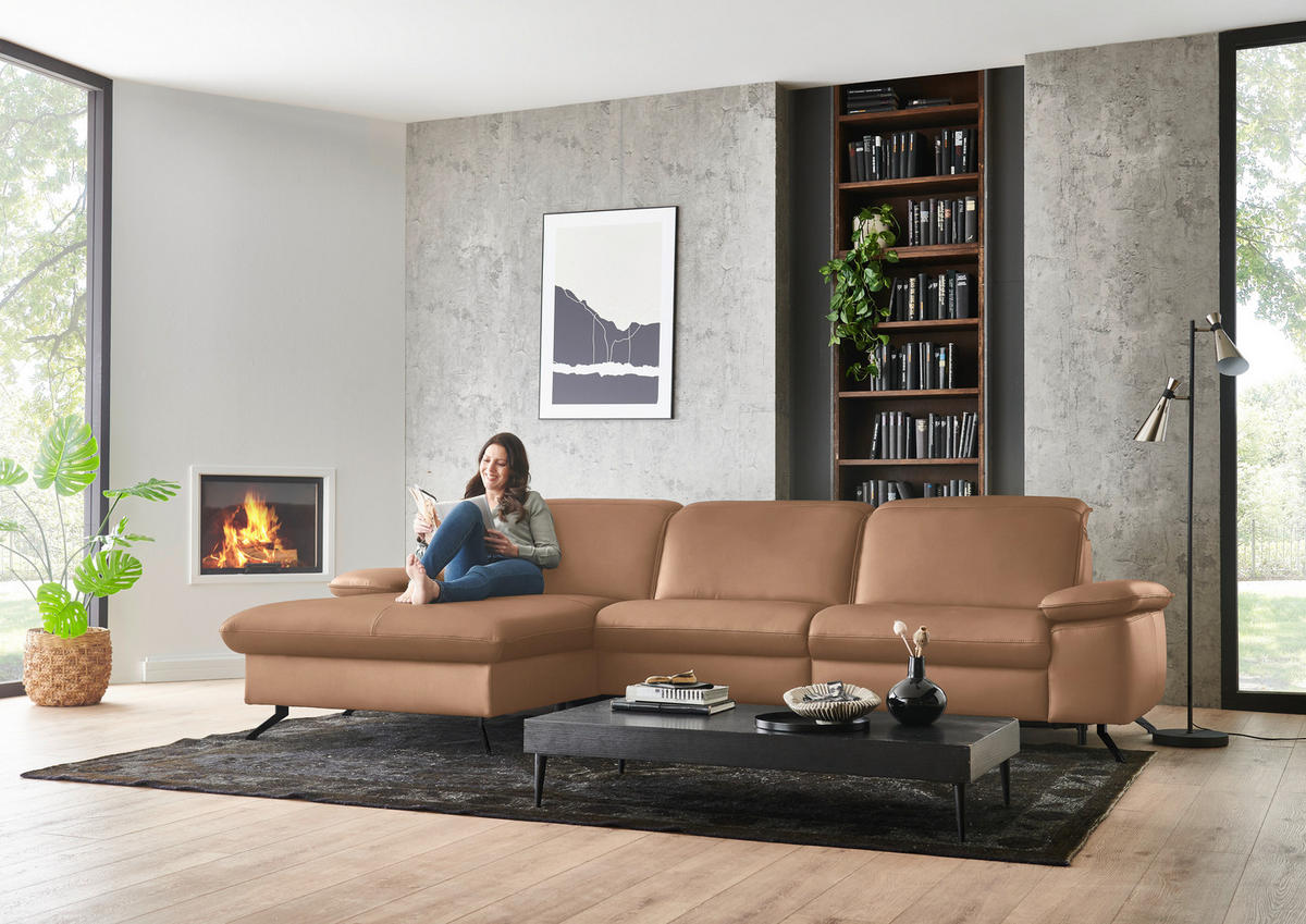 ECKSOFA  Echtleder Hellbraun  - Hellbraun/Schwarz, Design, Leder/Metall (169/307cm) - Beldomo Premium