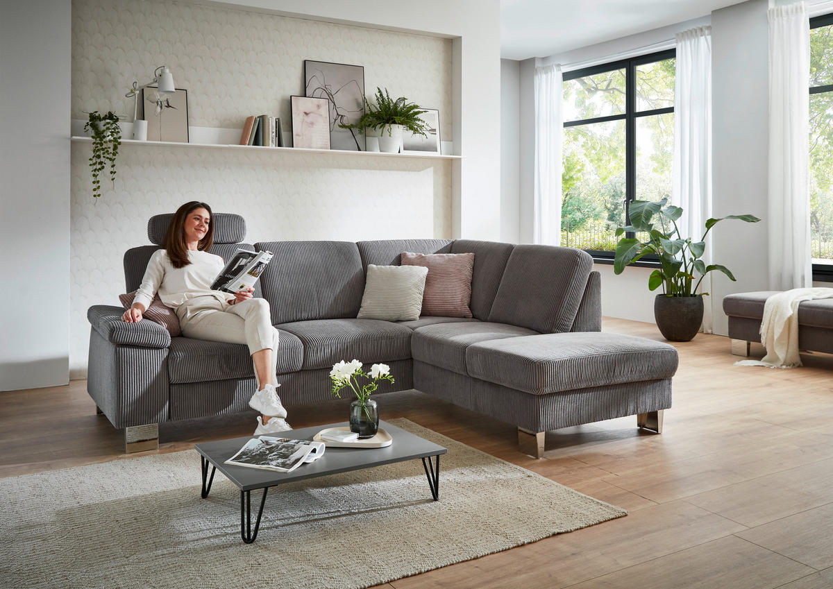 ECKSOFA in Cord Anthrazit  - Edelstahlfarben/Anthrazit, Konventionell, Textil/Metall (248/200cm) - Beldomo System