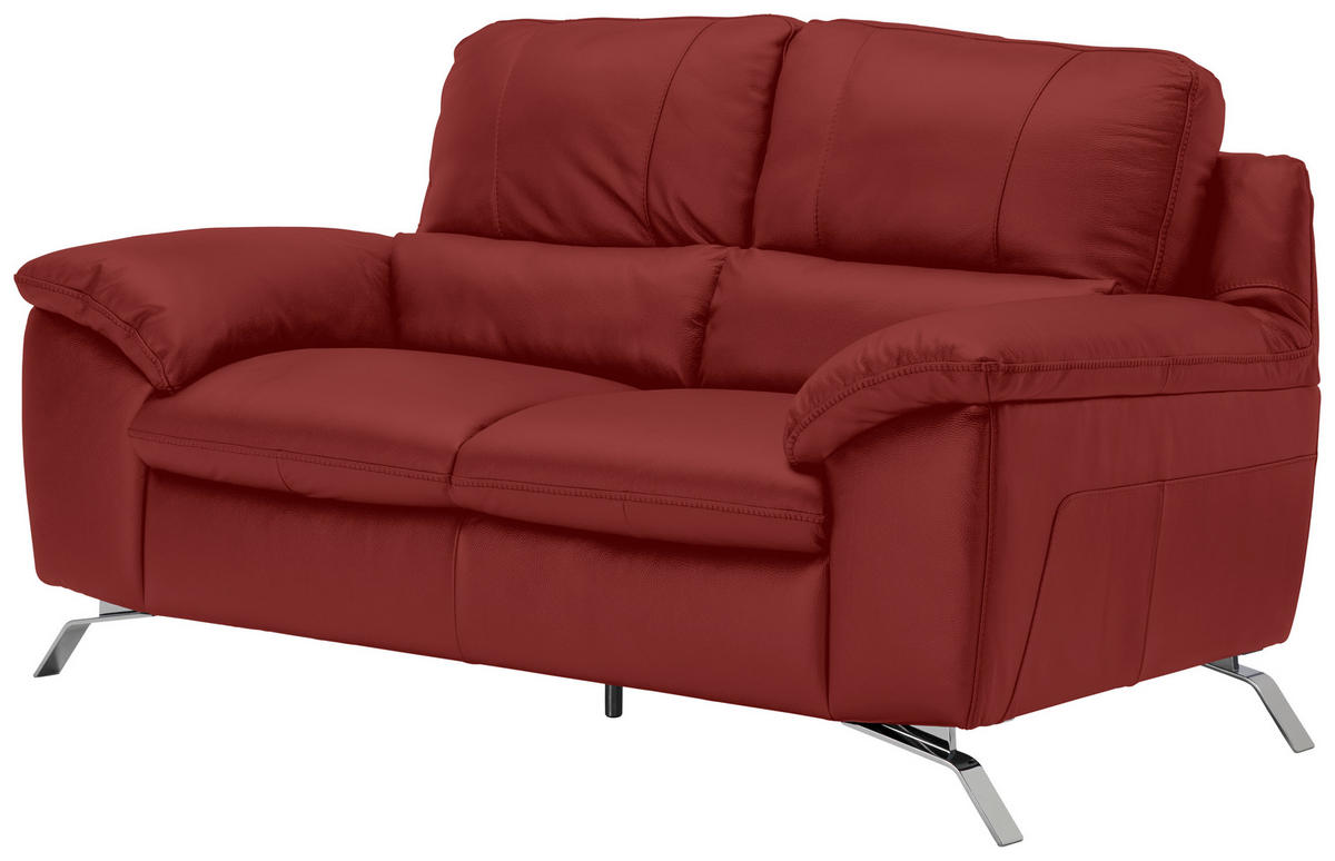 2,5-SITZER in Kombination Echtleder/Lederlook Rot  - Silberfarben/Rot, Design, Leder/Metall (211/97/95cm) - Livetastic