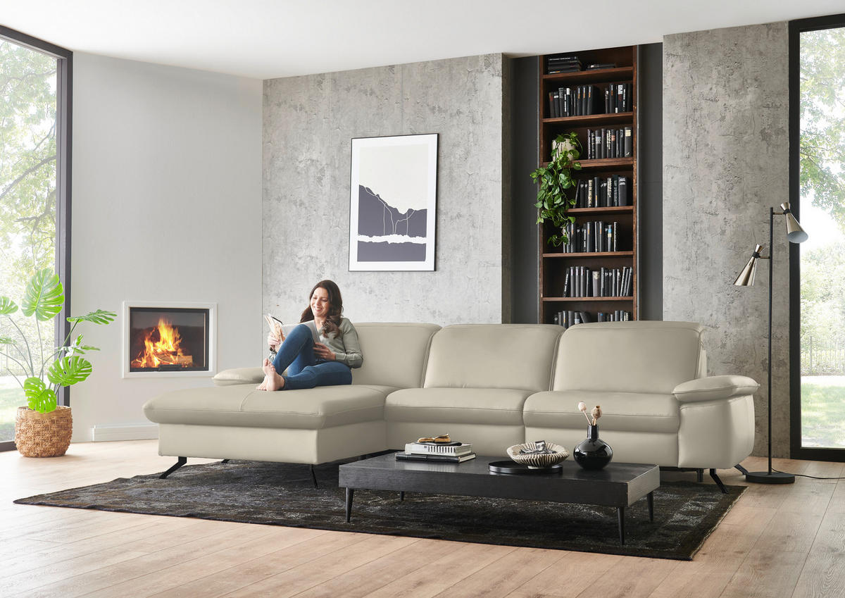 ECKSOFA  Echtleder Ecru  - Ecru/Schwarz, Design, Leder/Metall (169/307cm) - Beldomo Premium