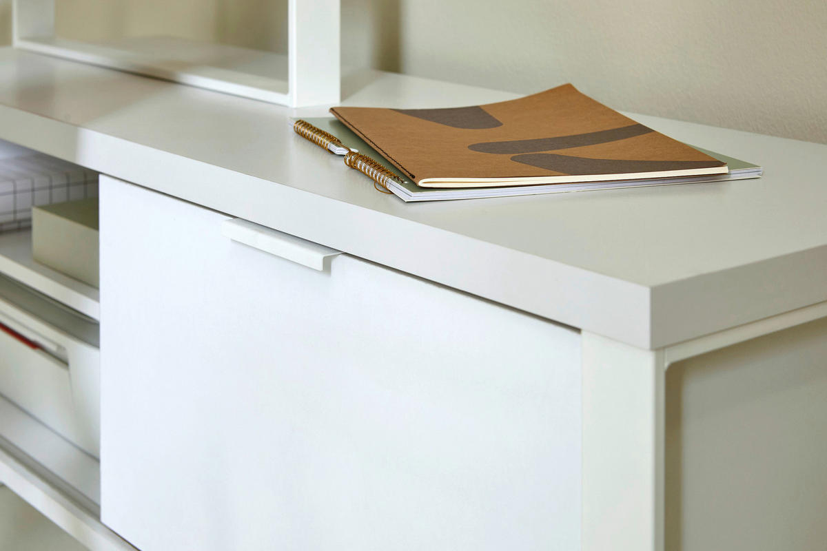 SCHREIBTISCH 147/120/76 cm  in Weiss, Eichefarben  - Weiss/Eichefarben, Konventionell, Holzwerkstoff/Metall (147/120/76cm) - Livetastic