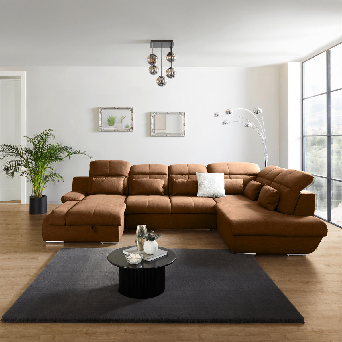 WOHNLANDSCHAFT Cognac Mikrofaser  - Chromfarben/Dunkelgrau, MODERN, Textil/Metall (184/345/228cm) - MID.YOU