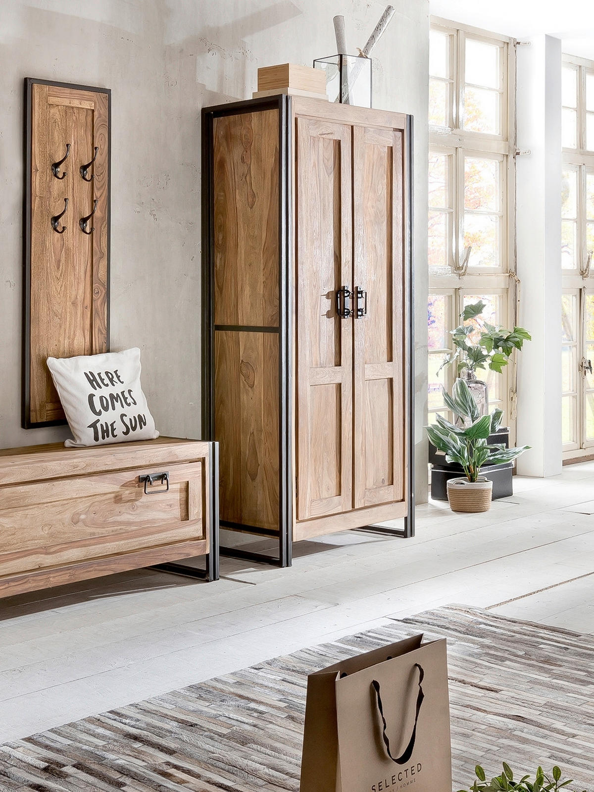 SCHUHSCHRANK Akazie massiv Naturfarben, Schwarz  - Schwarz/Naturfarben, Design, Holz/Metall (130/50/40cm) - MID.YOU