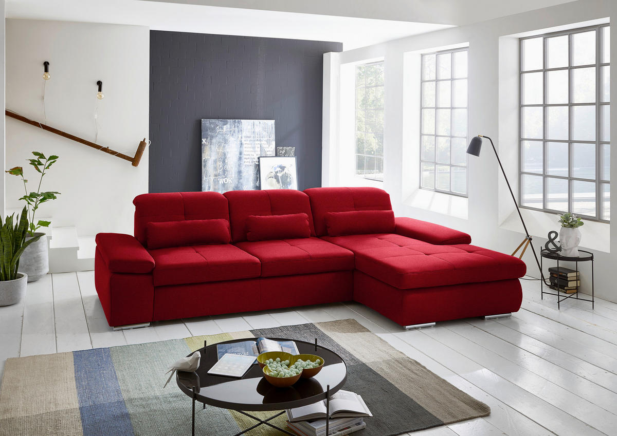 ECKSOFA  in Flachgewebe Rot  309/195 cm  - Chromfarben/Rot, Design, Textil (309/195cm) - Beldomo Style