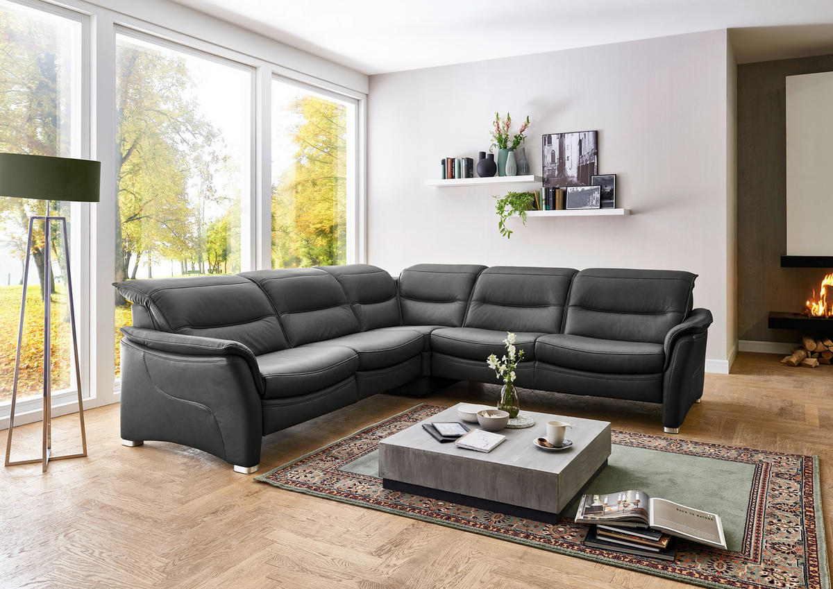 ECKSOFA in Echtleder Schwarz  - Alufarben/Schwarz, Design, Leder/Metall (277/277cm) - Valdera