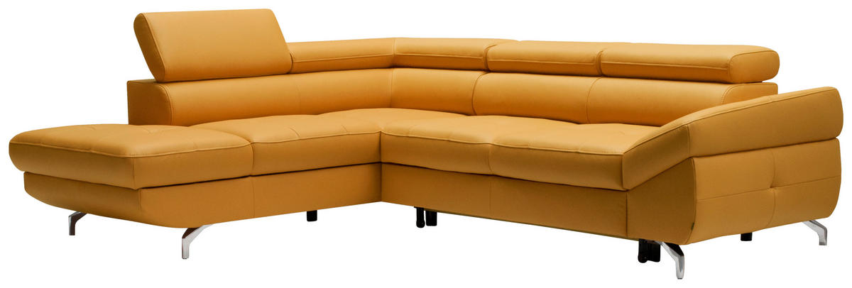 ECKSOFA in Echtleder Currygelb  - Currygelb/Silberfarben, Design, Leder/Metall (220/270cm) - Novel