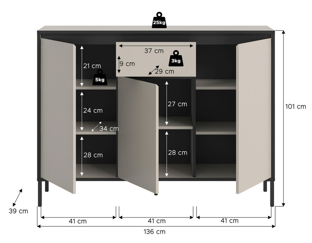 KOMMODE  in 136/101/38 cm  - Kaschmir/Schwarz, Design, Holzwerkstoff/Metall (136/101/38cm) - Livetastic